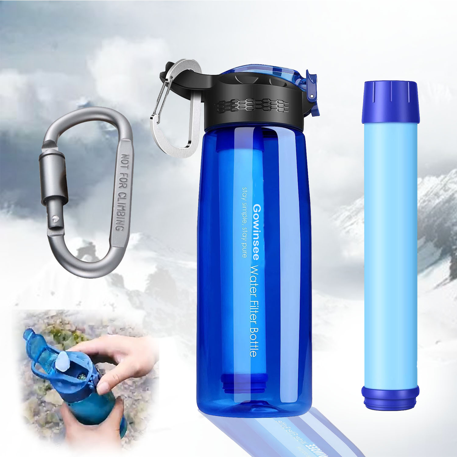 Gowinsee Filtered Water Bottle, Portable Filtered Water Bottle for Travel Filtration System Backpacking and Travel for International Travel Sport Camping