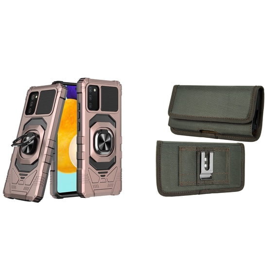 Case with Belt Holster Bundle for Samsung Galaxy A03s: Heavy Duty Series Protection Cover (Rose Gold) and Horizontal Rugged Nylon Phone Pouch