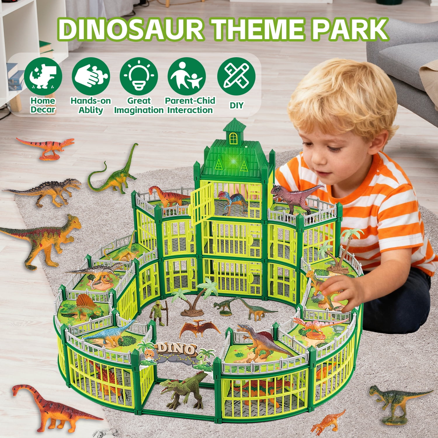 LINXUXIE 332PCS Dinosaur House Play Set with LED Light & Sound, Dinosaur Theme Park with 18 Realistic Dinos & Large Battle Cage, Dinosaur Toy for 1-3 3-5 5-8 Year Old