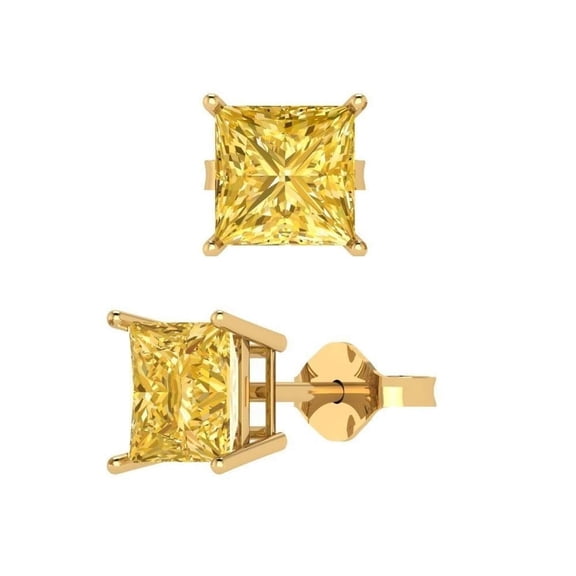 3.00ct Princess Cut Solitaire Classic Citrine stud Earrings 14k Yellow Gold Plated Push Back 925 silver