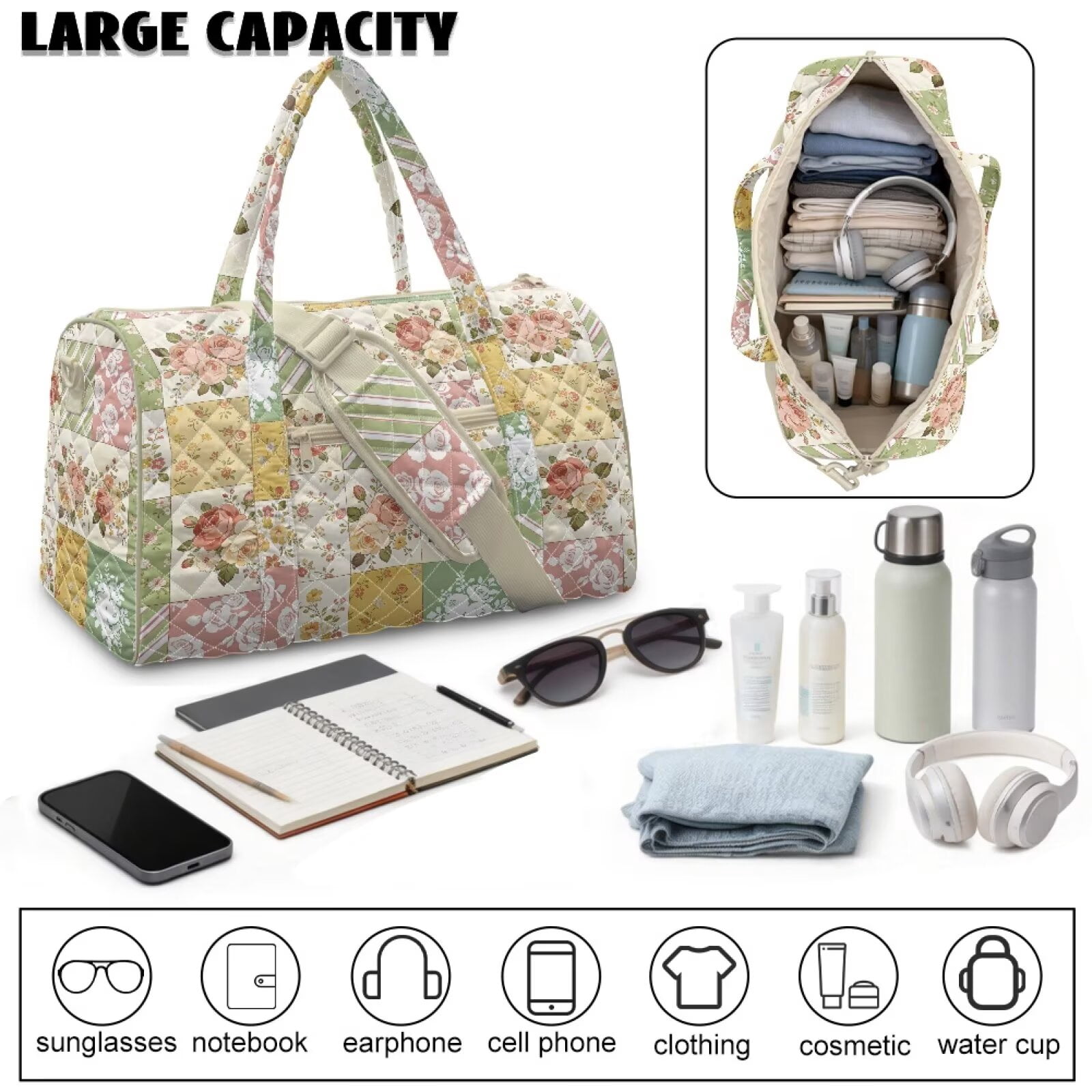 Pzuqiu Floral Patchwork Quilted Weekender Duffle Bag for Women Large Capacity Lightweight Carry On Travel Tote Overnight Gym Bag with Zipper Versatile for Trips Vintage Handbags