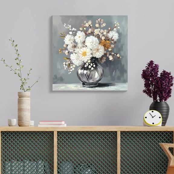 Euroco White Chrysanthemum Glass Vase Canvas Wall Art, Vintage Artwork Country Style Wall Decor Pictures,Botanical Posters Prints for Bathroom Bedroom Decoration,24x24inch