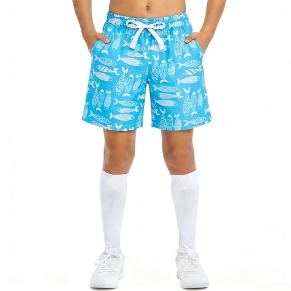 Boys Swim Trunks Quick Dry 5" Inseam Board Shorts Adjustable Drawstring Waist with Side Pockets Nylon Spandex for Ages 6-15 Blue,Size 9-10T