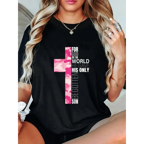 Cute Pink Camo Christian Cross Verse Gifts Women Teen Girls T-Shirt