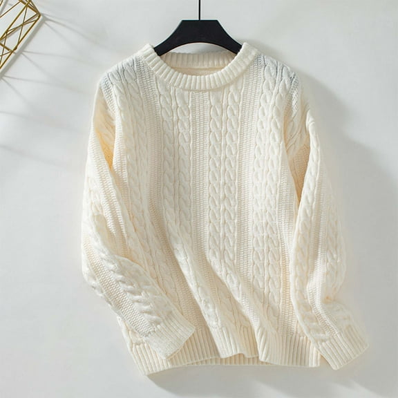 Cable Knit Sweater for Women Loose Comfortable Crew Neck Sweaters Ripple Pattern Solid Color Fall Long Sleeve Pullovers Top Winter Clothes