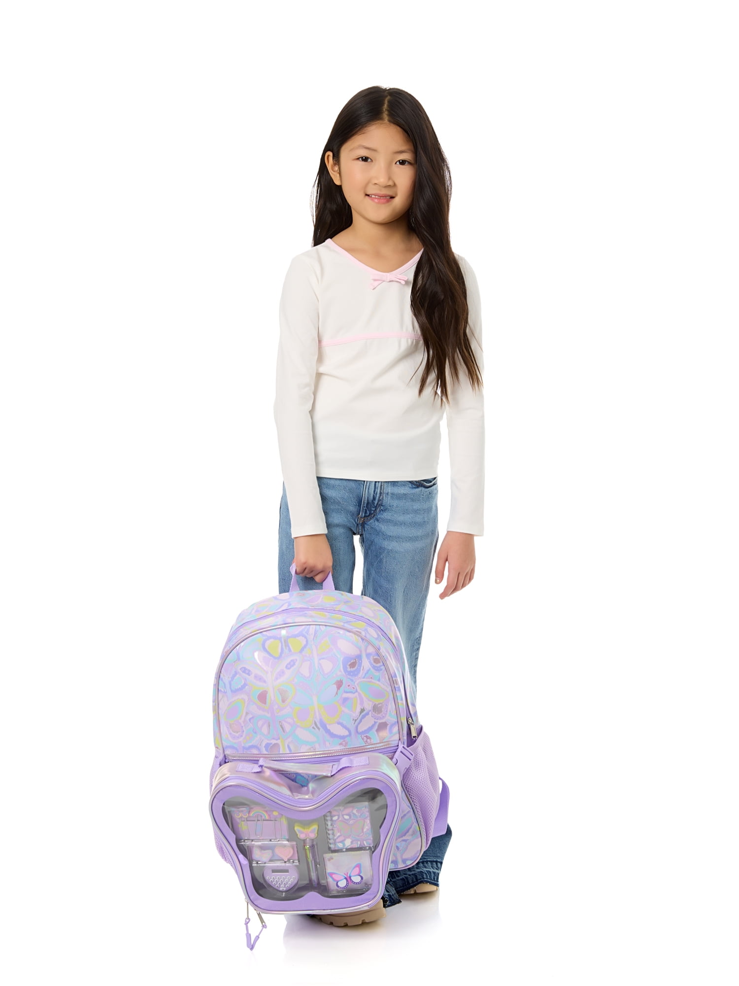 17" Girls' Butterfly Backpack with Stationary Set, Purple