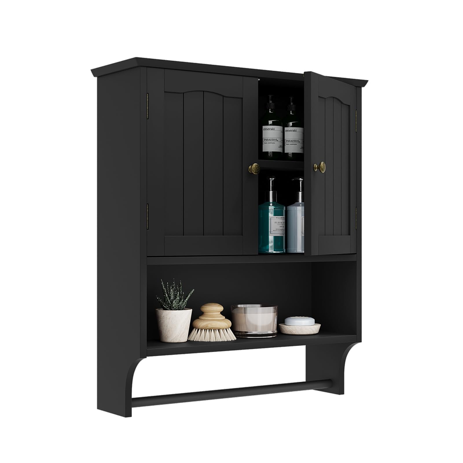 Algherohein Bathroom Medicine Cabinet with Shelf and Towels Bar,Over the Toilet Storage Wall Cabinet,Black Large
