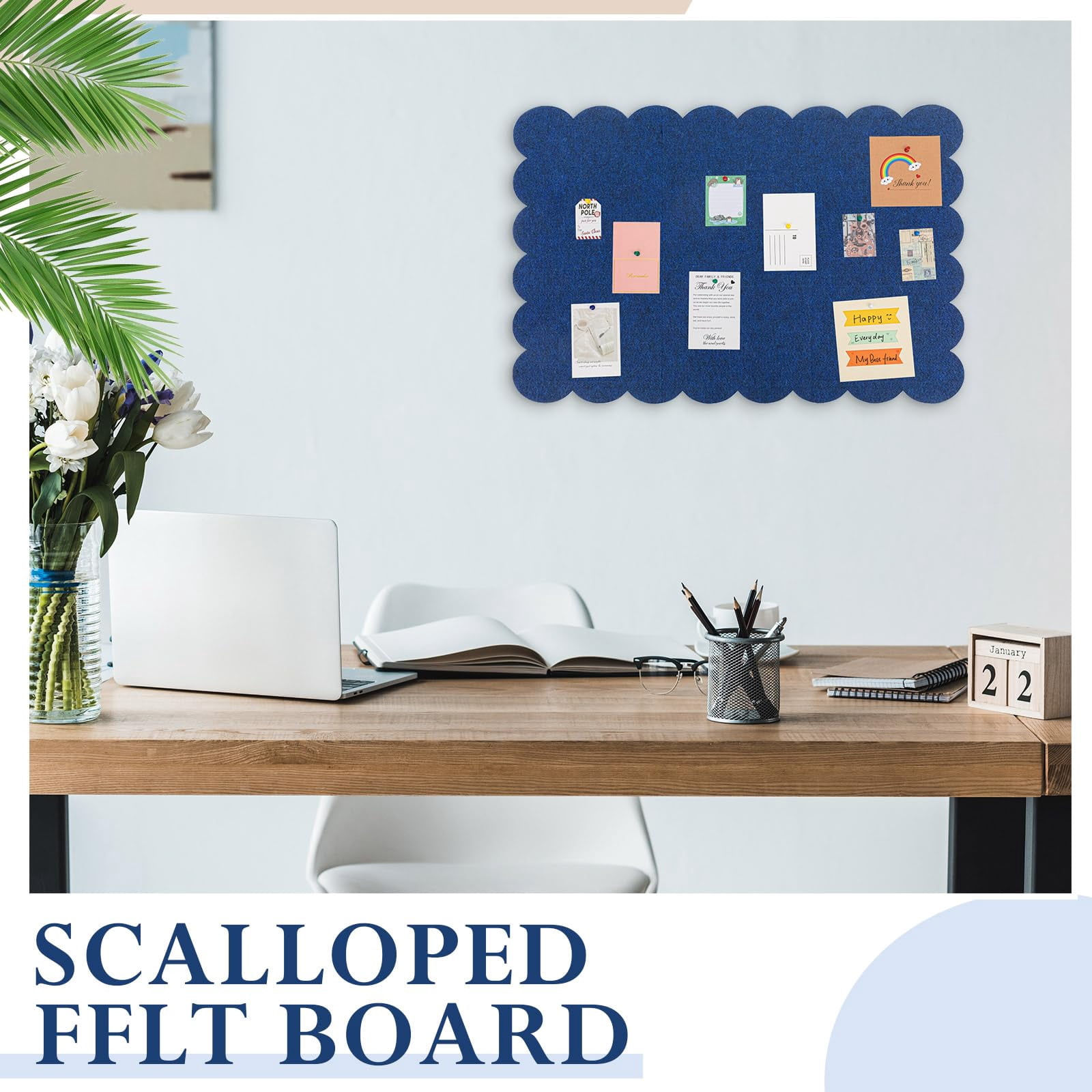 Scalloped Felt Bulletin Board 24 X 18 Inches Foldable Dark Blue Pin Cork Alternative For Wall  2' 1.5' Trifold Picture Vision Self Adhesive Decorative