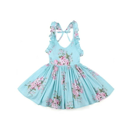 - StylesILove Girl Princess Summer Vintage Flower Print Ruffles Backless Cotton Dress (12-18 Months, Blue)