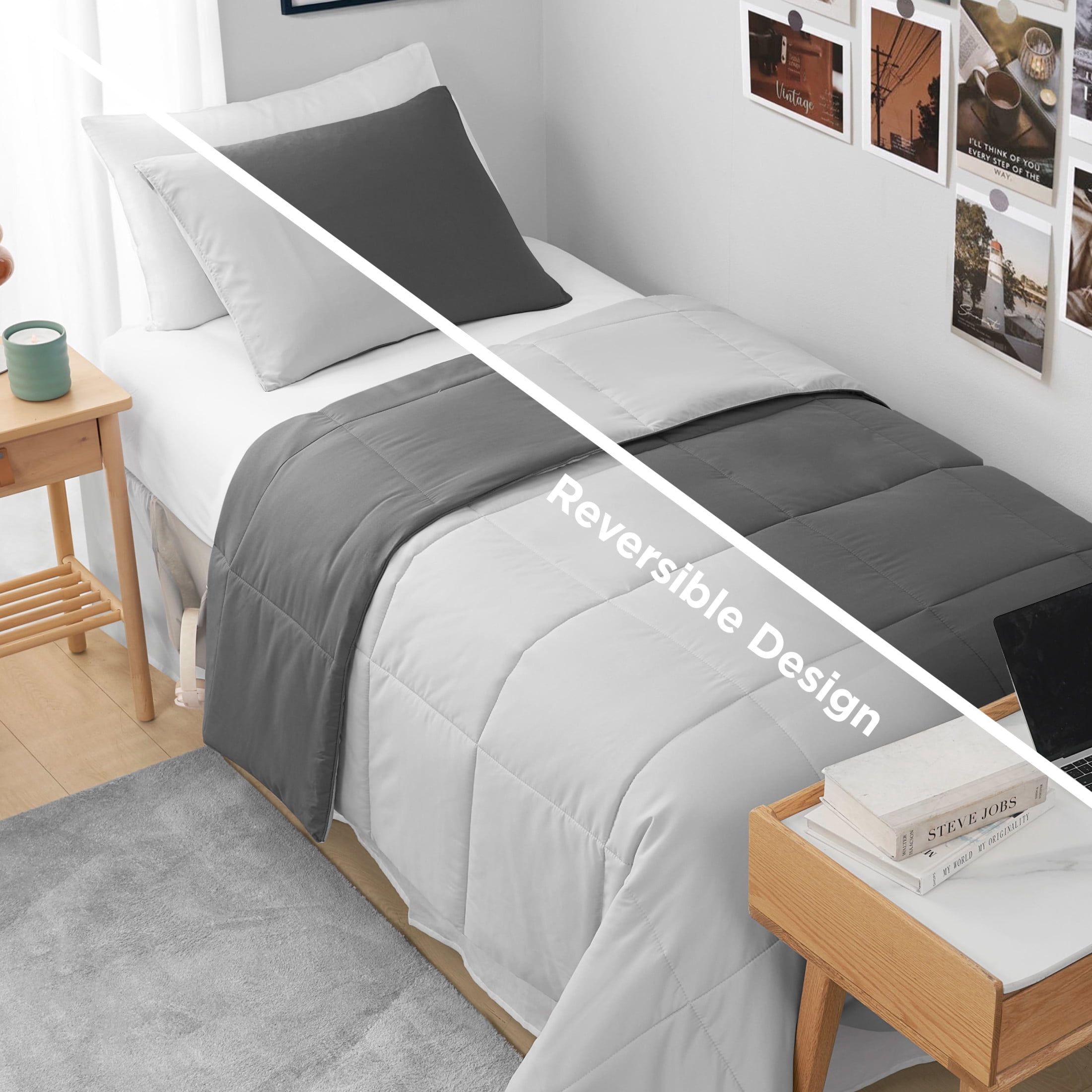 The Sheet Lab Reversible Box Stitch Comforter Set, 3-Piece Full/Queen – Dark Grey/Light Grey