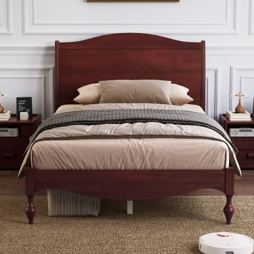 Full Size Bed Frame, Vintage Platform Bed with Arched Headboard and Footboard, Solid Wood Frame with Under-Bed Storage, No Box Spring Needed for Bedroom, Dark Walnut