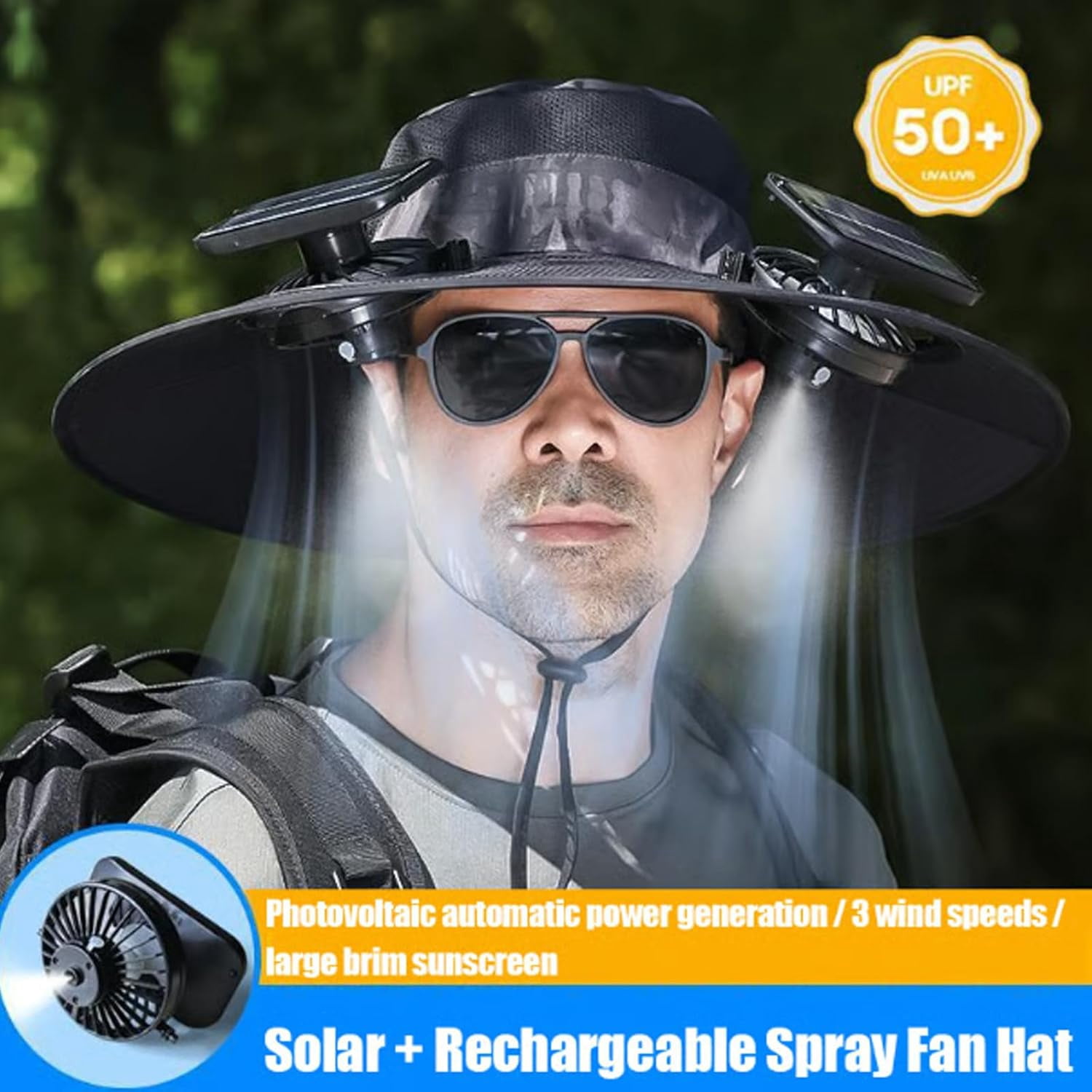 2025 Upgraded Solar Mist Fan Wide Brim Hat, Hat with Fans Solar Power, Built in USB Charging Fan for Outdoor Fishing