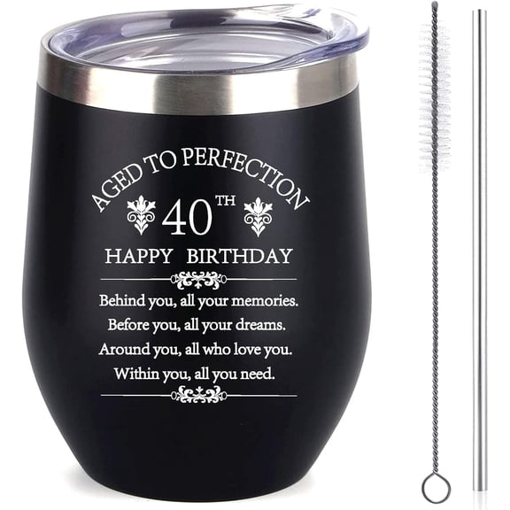 Inspiration 40th Birthday Gift for Woman Man Wife Sister 12 Ounce Double Wall Insulted Black Stainless Steel Wine Tumbler with Straw 1986 40 Years Old Birthday Present