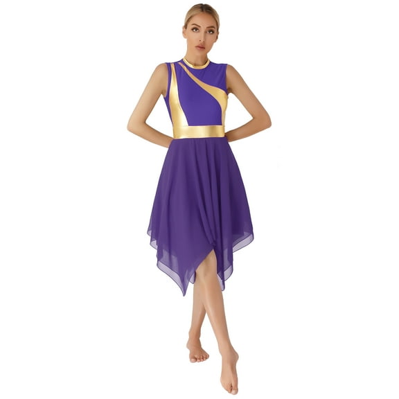 CHICTRY Womens Lyrical Dance Costume Color Block Praise Liturgical Dress Irregular Hem Worship Dancewear Purple S