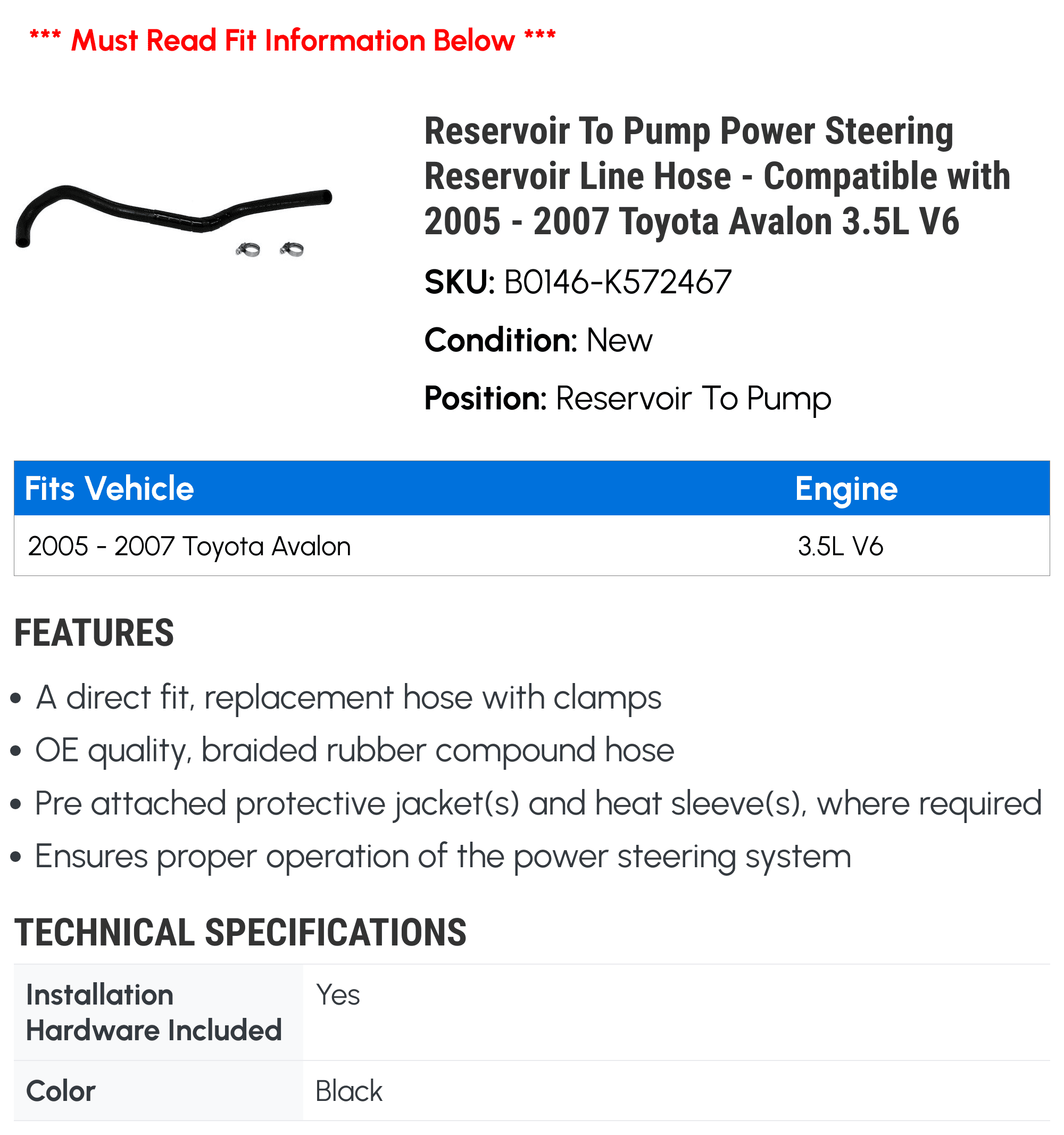 Reservoir To Pump Power Steering Reservoir Line Hose - Compatible with 2005 - 2007 Toyota Avalon 3.5L V6 2006