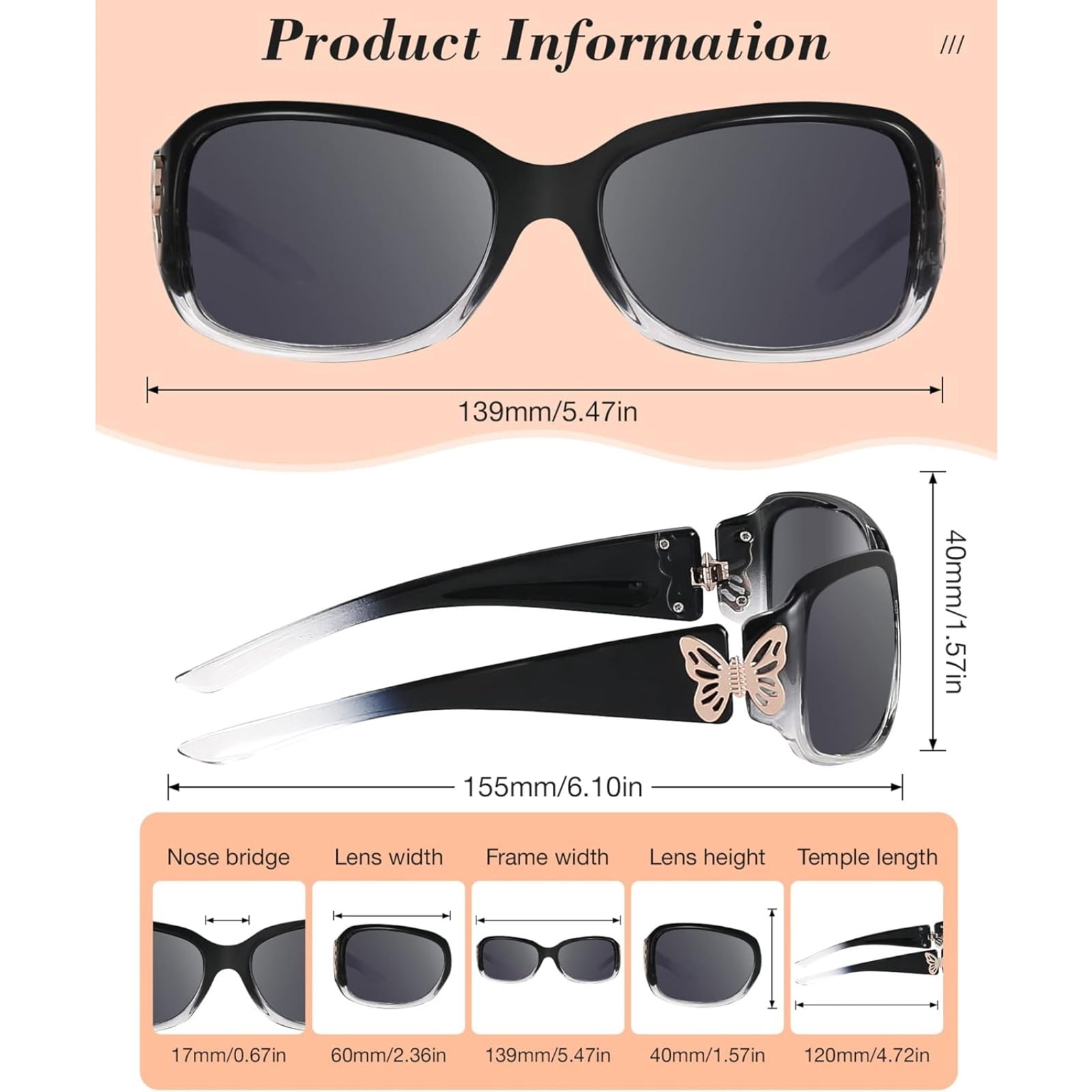 Polarized Sunglasses for Women with Wrap Around Butterfly Design, Trendy Jackie-O Style for UV400 Protection