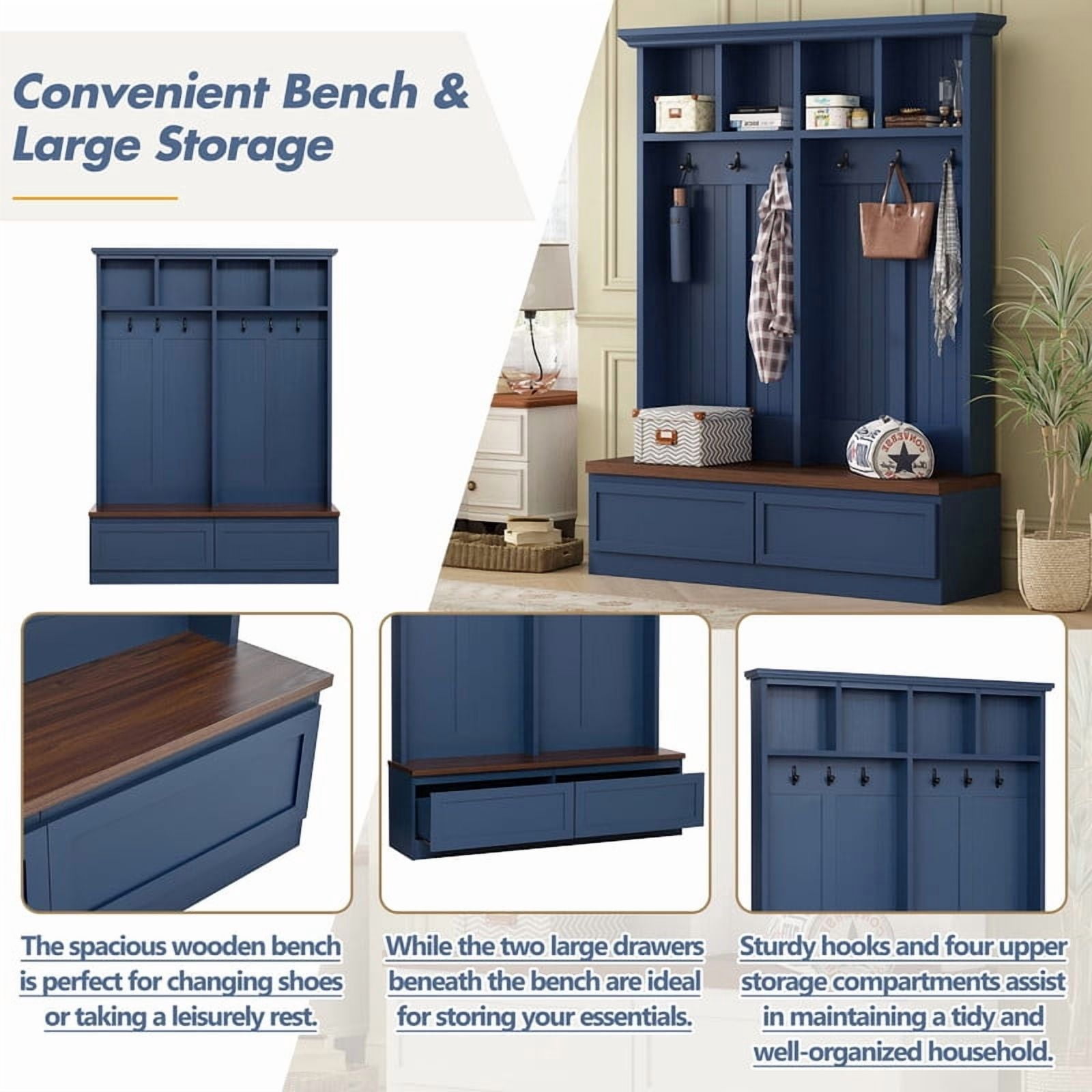 Farmhouse 4-in-1 Hall Tree with Storage Bench, Versatile Coat Rack with 2 Drawers, Entryway Organizer with 6 Hooks for Hallway, Living Room
