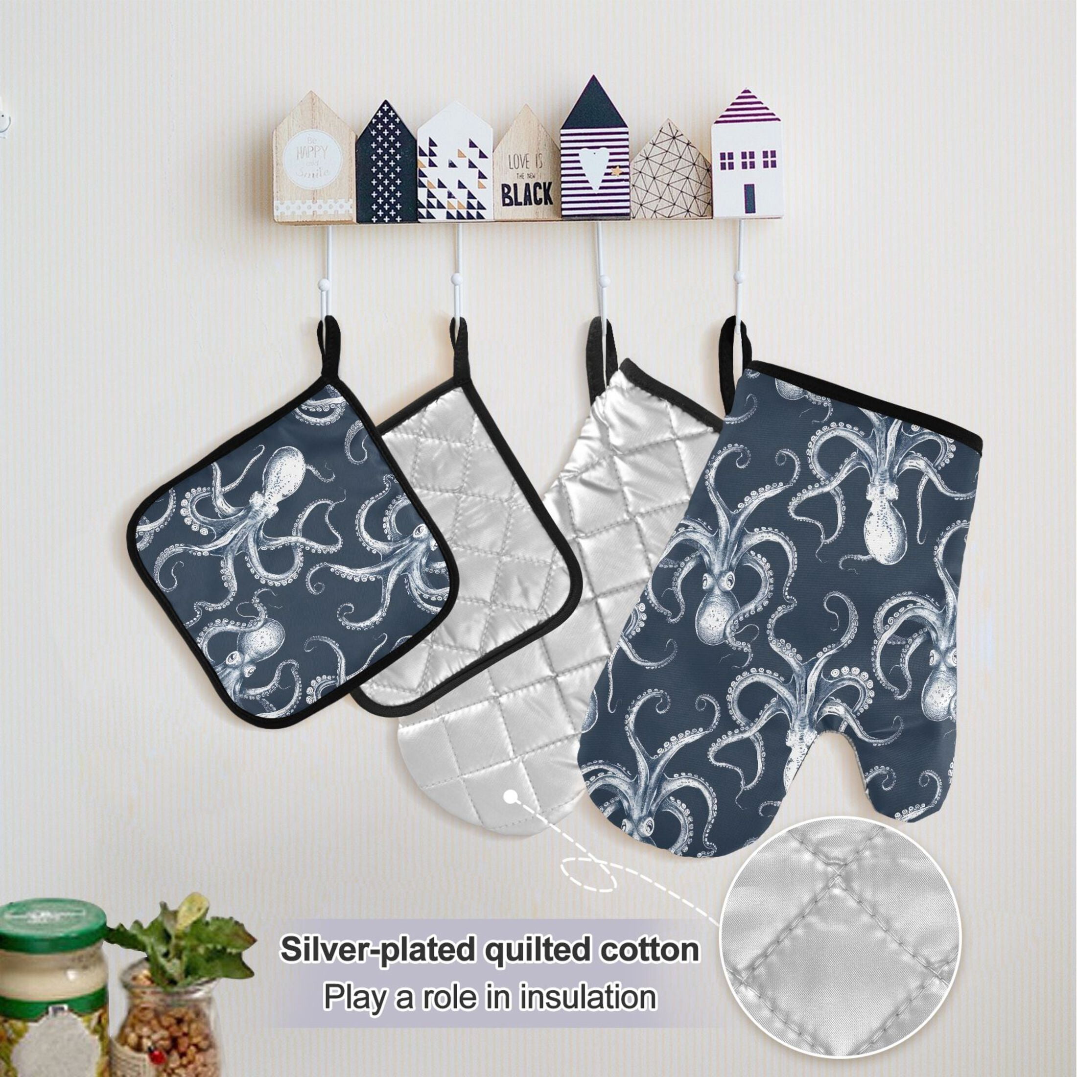 5 Pcs Kitchen Set Heat Resistant Oven Mitts and Non-Slip Pot Holders with Adjustable Cooking Apron Octopus Sketchy
