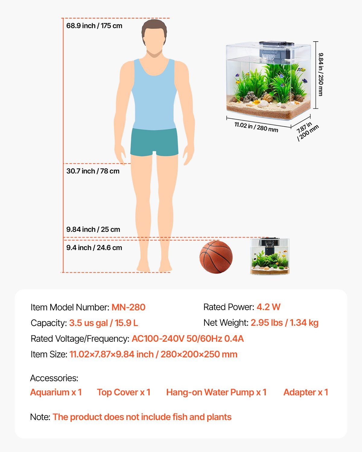 3.5 Gallon Fish Tank Aquarium with Smart Arch Design, Clear HD GPPS Material, 3-Color Adjustable LED Lighting, Self-Cleaning System, Oxygenation, Water Circulation, Hydroponic Plant Tray
