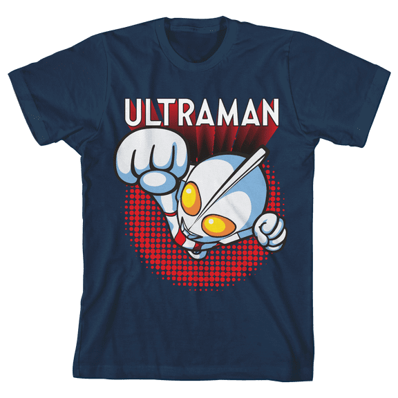 Ultraman Flying Chibi Ultraman with Title Logo Youth Navy Blue Short Sleeve Crew Neck Tee-Large