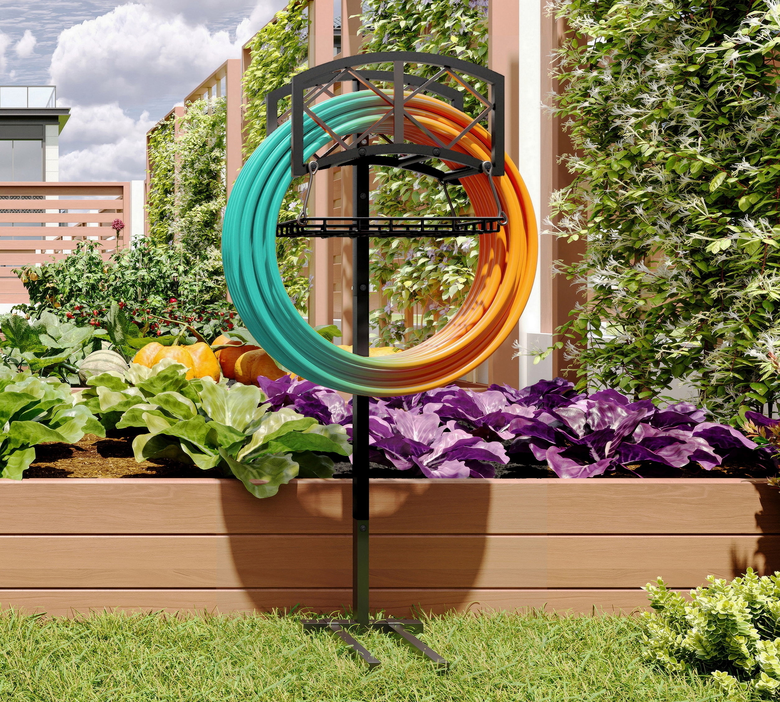 Fire Beauty Freestanding Garden Hose Holder for Outdoor - Heavy Duty In-Ground Hose Rack Organizer with Detachable Stake, Holds 150ft Hose & Reel Stand, Rust-Proof Lawn Yard Water Hose Hanger (Black)