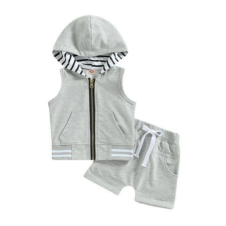 

Qtinghua Toddler Baby Boy Summer Outfit Sleeveless Zipper Hoodie Tank Top Solid Color Drawstring Shorts 2Pcs Clothes Gray 12-18 Months