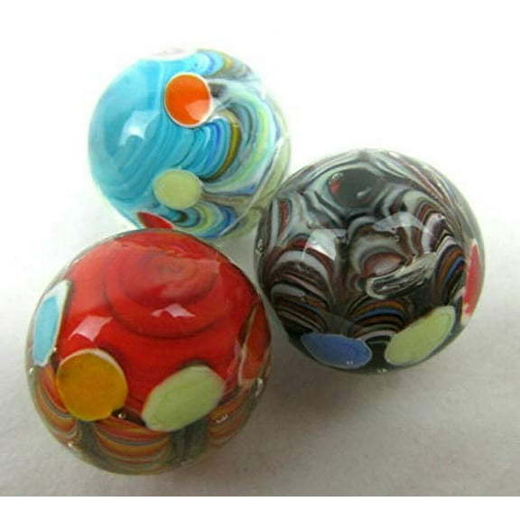 Big Game Toys ~Set of 3 Big TOP 16mm Handmade Art Glass Blue Red Black Spots/Dots Swirls MarblesMarbles Circus Tent