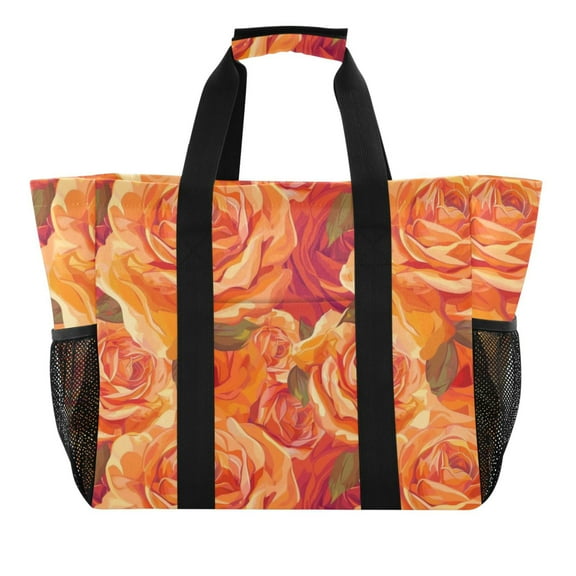 Beautiful Orange Rose Reusable Grocery Bags with Handle Side Pocket Waterproof Shopping Portable Tote