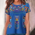 thumbnail image 2 of FAVIPT Women Mexican Embroidered Shirts Ethnic Style Retro Floral Print Tops Bohemian Peasant Crew Neck Blouses Pullover Relaxed Fit Festival Tunic Tees 2025 Blue,XXL, 2 of 5