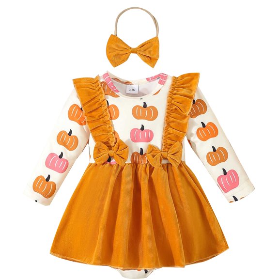 Ruyang Baby Girls Halloween Pumpkin Romper Dress Headband Ruffle Long Sleeve First Birthday Outfit Cute Fancy Dress Winter Clothes