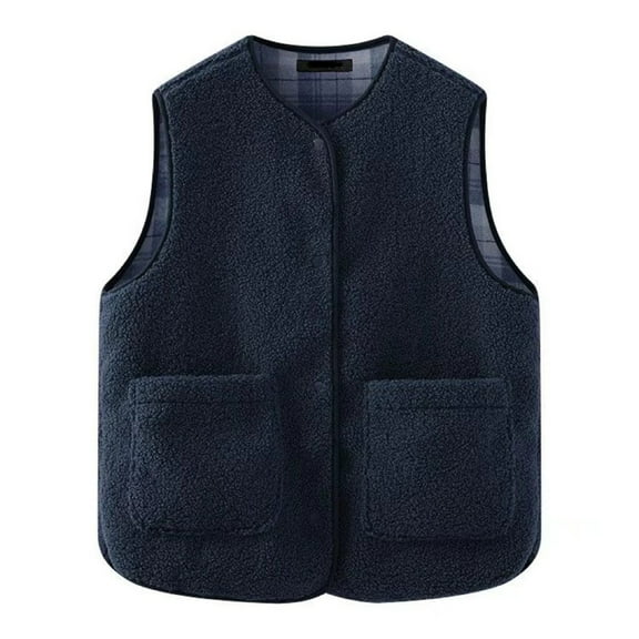 BLTIBY Women's Fuzzy Sherpa Fleece Vest Winter Fall Casual Reversible Plaid Sleeveless Warm Jacket Button Down Waistcoat with Pockets Blue S