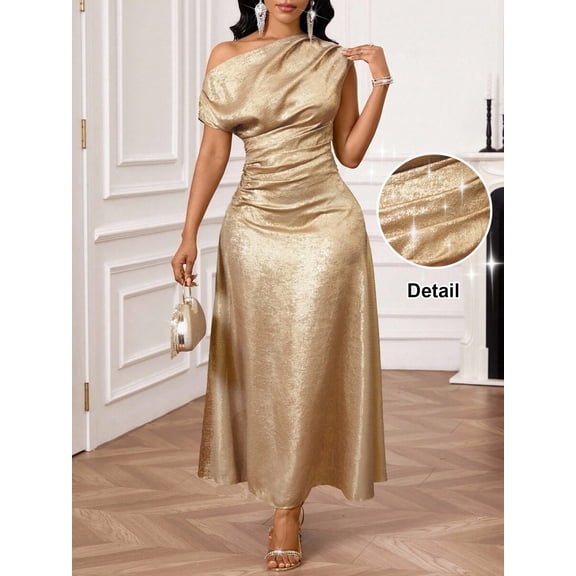 Gold One Shoulder Ruched Asymmetric Waist Satin Maxi Evening Dress For Women