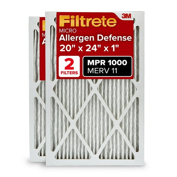Filtrete 20x24x1 AC Furnace Air Filter, MERV 11, MPR 1000, Micro Allergen Defense, 3-Month Pleated 1-Inch Electrostatic Air Cleaning Filter, 2 Pack (Actual Size 19.81 x 23.81 x 0.81 in)