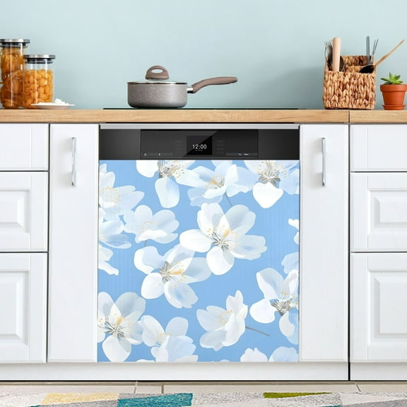 White Flowers Dishwasher Magnet Cover Magnetic Fridge Door Cover Home Kitchen Decor 23"x 26"