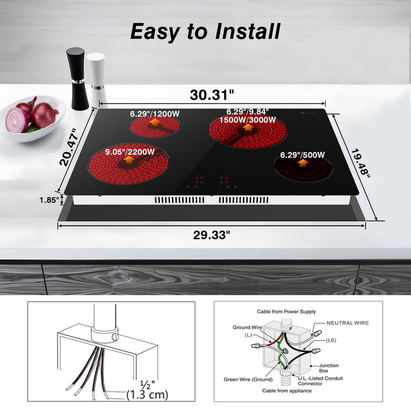 30 in. 4-Elements Ceramic Electric Cooktop in Black with Residual Heat Reminder and Automatic Shutdown