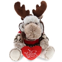 DolliBu I LOVE YOU Sitting Beige Moose Plush with Clothes – Cute Stuffed Animal with Heart Message for Valentines, Anniversary, Romantic Date, Boyfriend, Girlfriend Gift – 9 Inches
