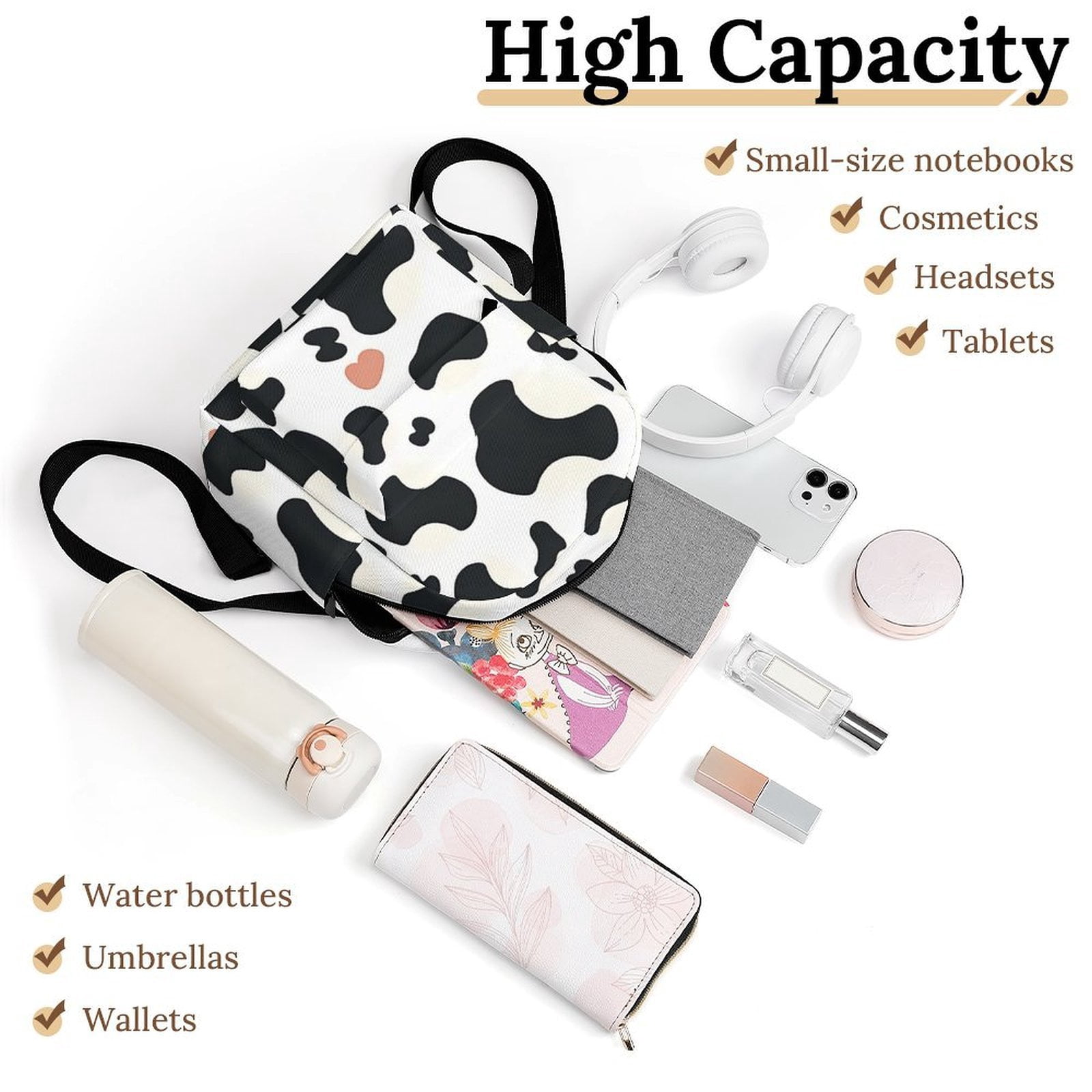 8.1×10in Casual Women'S Backpack With Anti-Contraction And Stretch For Sports Activities Travel Picnics Simple Cow Print Pattern1_3