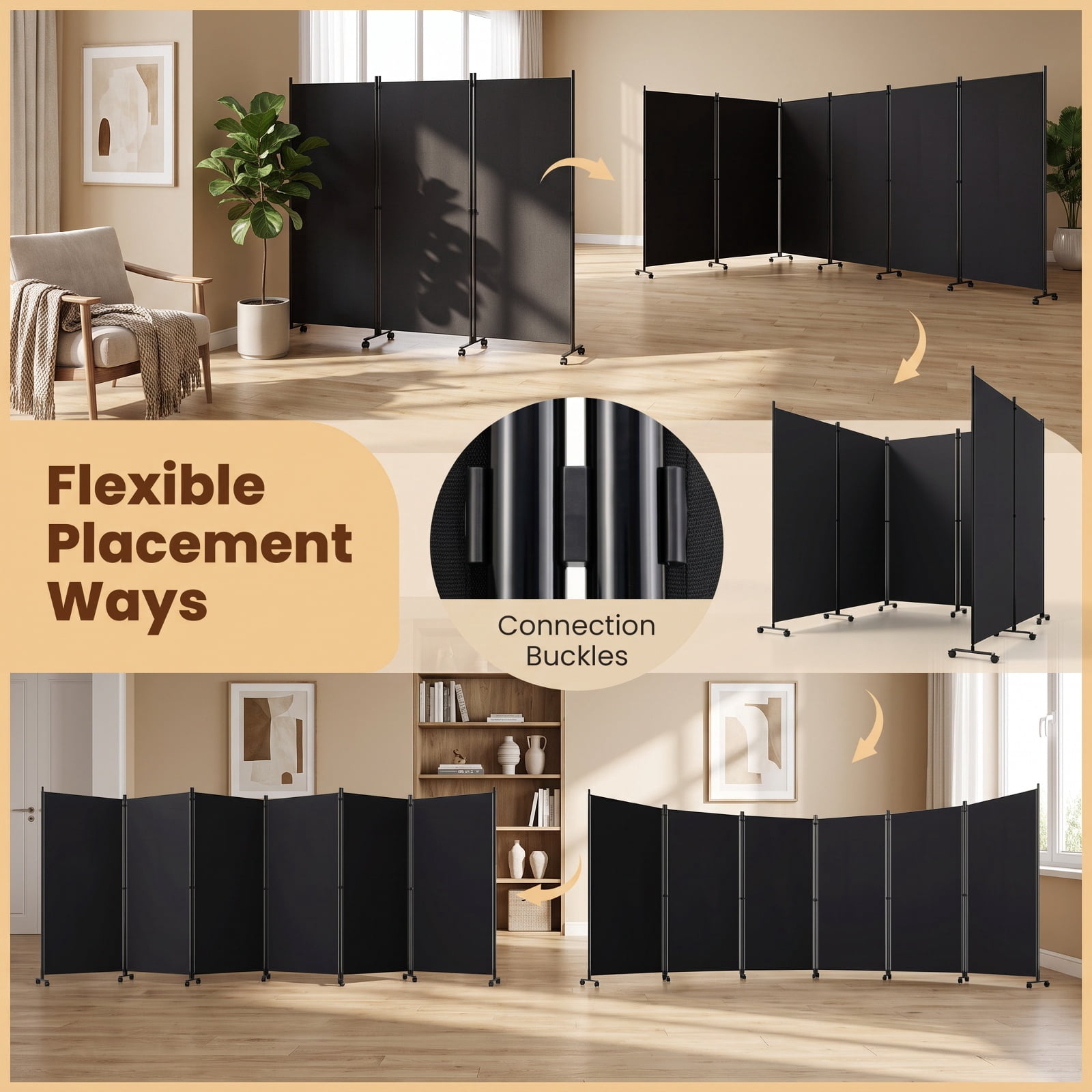 Vebreda 6-Panel Rolling Room Divider Folding Privacy Screen with Lockable Wheels, Freestanding Fabric Partition for Bedroom Office Studio, Black