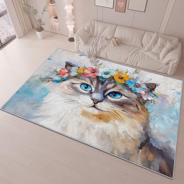 Oil On Canvas Print Rug Animal Flower Cat Machine Washable Non-Slip Area Rugs Soft Low Pile Indoor Carpet for Living Room Bedroom Home Decor 7 X 8 Ft