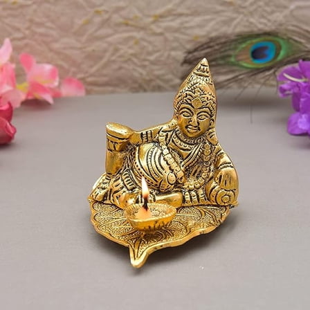 Swadeshi Desire Metal Kuber Diya Deepam for Good Luck Kuber Sitting On Leaf with Diya Decorative Showpiece - 7 cm (Metal, Gold) (Standard, 1)
