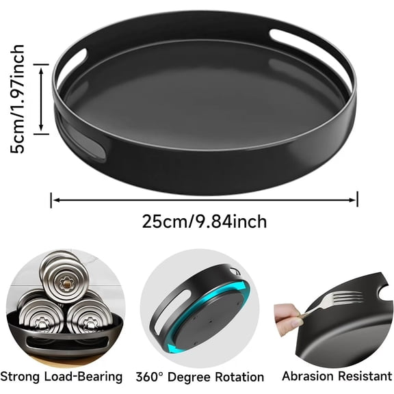 HKquanlin Black Stainless Steel Lazy Susan Turntable Organizer, 1 Pack, 11.81 Inch Round Spice Storage Tray with Handles