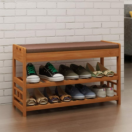 - UBesGoo 2 Tier Natural Bamboo Shoe Rack Foot Stool with Cushion and Storage Drawer on Top