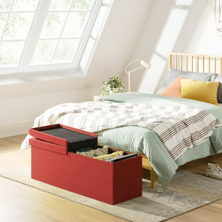 Mellow 45" Smart Lift Top Button Fabric Collapsible Storage Ottoman, Red