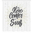 thumbnail image 3 of Here Comes the Sun Shower Curtain, Bold and Cursive Texting with Sunrays Streaks Seasonal Phrases, Fabric Bathroom Set with Hooks, 69W X 75L Inches Long, Charcoal Grey Ecru, by Ambesonne, 3 of 3