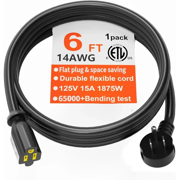 14 Gauge 6 Feet Flat Plug Extension Cord Black Indoor Outdoor, Heavy Duty 3 Prong Grounded Low Profile Extension Wire Flexible, 15A 1875W 125V 14AWG SJTW, ETL Listed