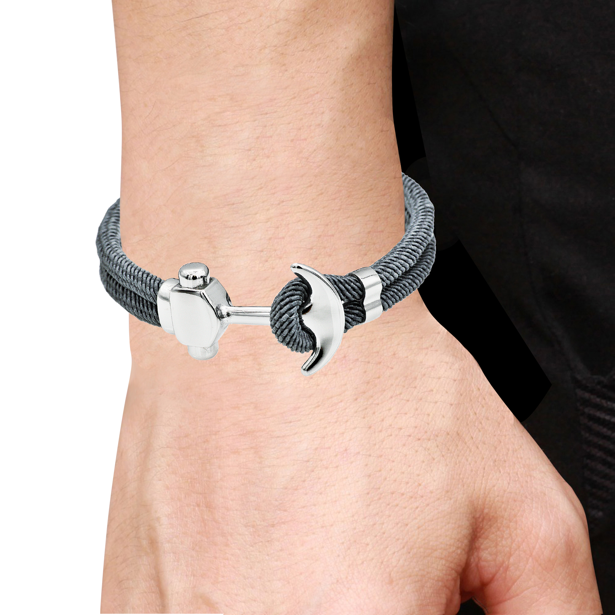Mens Gray Twisted Cotton Rope Stainless Steel Anchor Bracelet With Adjustable Strap