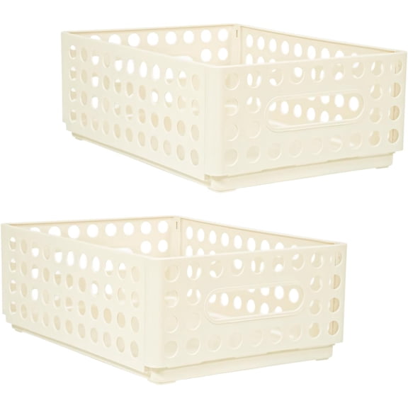 SAYEEC 2 Pack Mini Foldable Plastic Baskets for Organizing Collapsible Crate with Handle Stackable Storage Bin Small Storage Container Box Caddy Desk Drawer Organizer for Home Office (Beige)