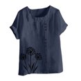 thumbnail image 4 of Cavosen Womens Short Sleeve Shirts Slim Fit Artificial Cotton Linen Dandelion Print Button Summer Blouse Round Neck Comfy Casual Dressy Tops Lightweight Vacation Tees Blue L, 4 of 4