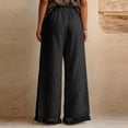 thumbnail image 3 of WULMLEO Womens Wide Leg Linen Pants Summer Boho Flowy Elastic Waist Trousers Baggy Side Slit Fringed Hem Bottoms with Pockets Black M, 3 of 5