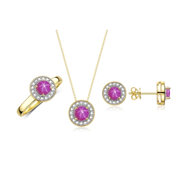 RYLOS Halo Designer Matching Set 14K Yellow Gold: Ring, Earrings & Necklace. Gemstone & Diamonds, 4MM Star Ruby July Birthstone; Size 8